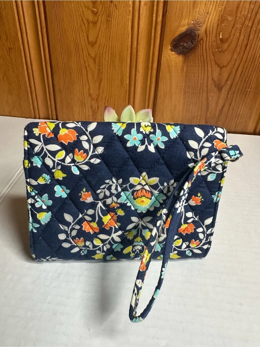 Vera Bradley Navy Quilted Floral Wristlet Wallet with Orange & Aqua Accents
